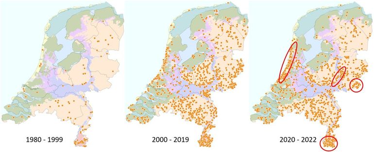 Waarnemingen van keizersmantel in drie perioden. Met cirkels zijn een aantal gebieden aangegeven waar de keizersmantel erg veel voorkomt en waar je kunt spreken van echte populaties