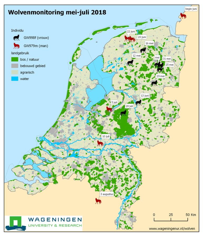 Op basis van DNA vastgestelde locaties waar twee wolven zijn aangetroffen van mei tot en met juli 2018