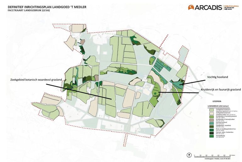 Landgebruik volgt watersysteem. Op de natste plekken komt vochtig hooiland, op drogere plekken is kans voor botanisch waardevol grasland