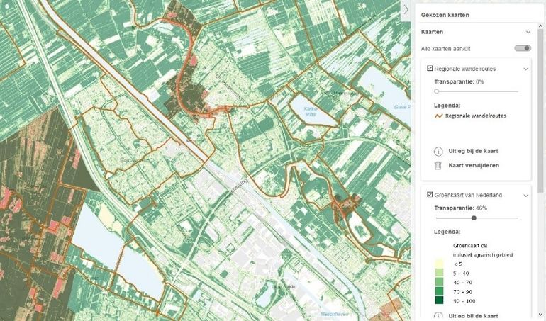 Combinatie Groenkaart en Wandelkaart met kaart Stads- en dorpsgezichten
