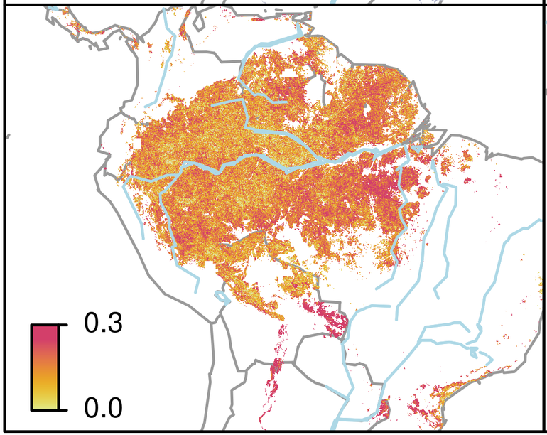 Kaart van het Amazonegebied met in lichte kleuren veel en in donkerpaars weinig dynamiek, dat wil zeggen: een klein herstelvermogen. De donkere gebieden (0.3) verkeren in een kwetsbare toestand