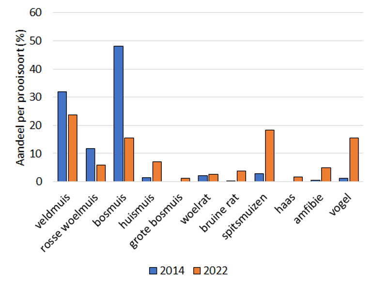 Het aandeel van verschillende prooien dat in steenuilkasten is aangetroffen in 2022 (voorlopige resultaten) en 2014, een jaar waarin met name de bosmuizen piekten. In 2022 worden er relatief minder muizen gevangen en proberen de steenuilen dit te compenseren door onder andere meer spitsmuizen en vogels te vangen