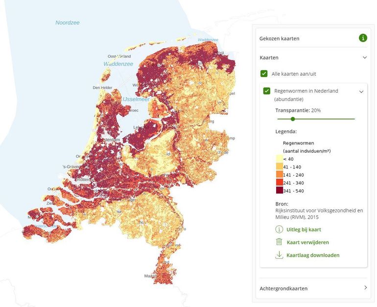 Klik op de kaart Regenwormen in Nederland om te kijken hoeveel regenwormen er in jouw buurt zijn