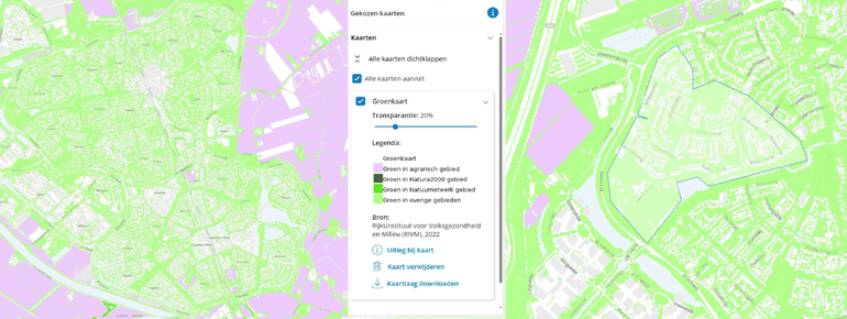 Bekijk je Houten op de Groenkaart, dan zie je de wijken als bloemkoolroosjes in het groene landschap liggen. Zoom je in op zo’n wijk, bijvoorbeeld Campen, dan zie je dat ook op wijkniveau de woningen zijn ingebed in het groen