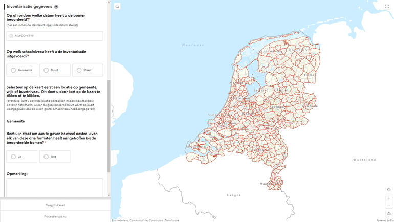 Screenshot van online waarnemingsformulier om eikenprocessierupsnesten door te geven