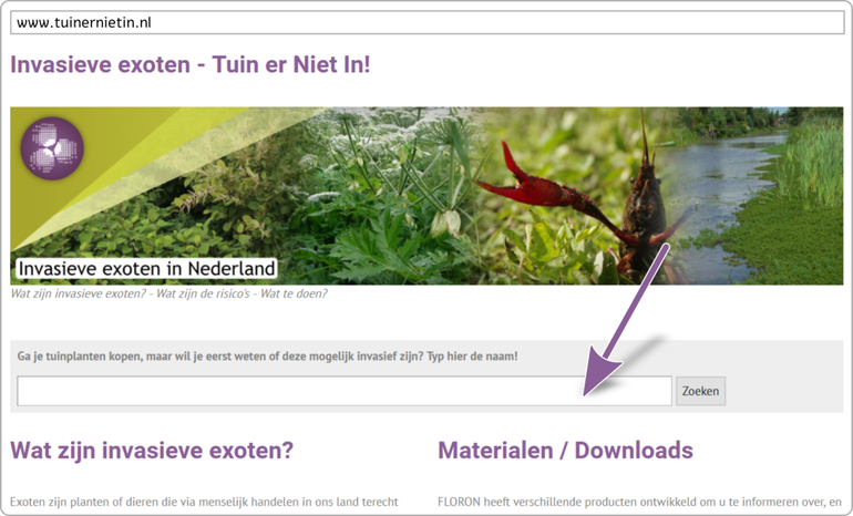 Schermafbeelding van de bovenkant van de campagnewebsite met de zoekfunctie voor tuinplanten