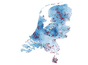 Verspreiding van Geschubde mannetjesvaren in Nederland in relatie tot de gemiddelde jaarlijkse neerslaghoeveelheid (lichtste kleur < 725; donkerste > 950 mm).