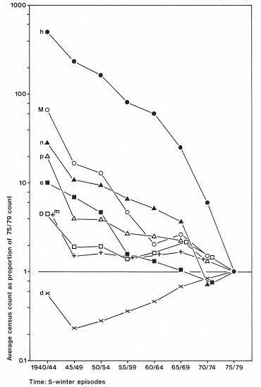 Figuur 2. De afbeelding van Daan (1980) met een overwegende achteruitgang van overwinterende vleermuizen in mergelgroeven in de periode 1940-1980. Betekenis van letters, van boven naar beneden: h: kleine hoefijzerneus, M: vale vleermuis, n: franjestaart, p: grootoorvleermuis, e: ingekorven vleermuis, D: meervleermuis, m: baardvleermuis en d: watervleermuis
