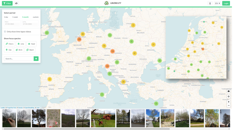 Locaties in Europa (Nederland uitgelicht) waar de afgelopen maand foto’s zijn toegevoegd aan een timelapse-video. De cijfers in de bolletjes geven het aantal fotolocaties weer in dat gebied
