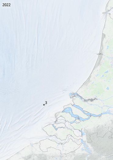 Vindplaatsen van de kokerwormkrab in 2022, 2023 en 2024 tijdens de WOT-kustsurvey. Per bemonsterde locatie is het aantal aangetroffen krabbetjes weergegeven