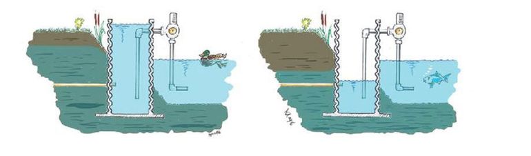 Drukdrainagesysteem. Links: het grondwaterpeil wordt verhoogd door het peil in de put te verhogen. Rechts: het grondwaterpeil wordt verlaagd door het peil in de put te verlagen