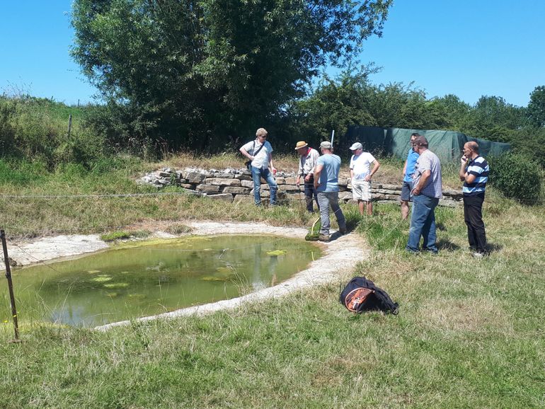 Tijdens een ANLb-excursie geven een medewerker van RAVON en de veldmedewerker van Natuurrijk Limburg informatie over de aanleg en het beheer van een goede vroedmeesterpadpoel 