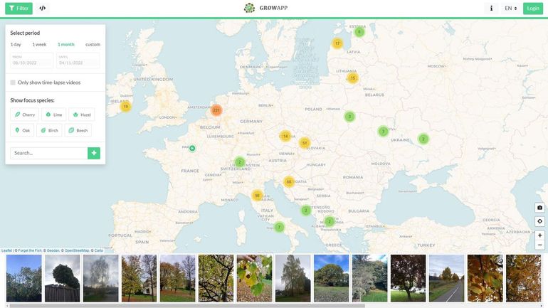 Locaties in Europa waar in de afgelopen maand met de GrowApp foto’s zijn gemaakt. Het nummer in de cirkel geeft aan hoeveel GrowApp locaties er in die regio zijn