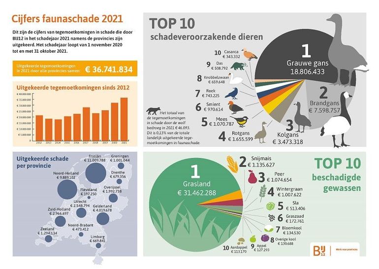 Cijfers van tegemoetkomingen in schade die door BIJ12 in het schadejaar 2021 namens de provincies zijn uitgekeerd. Het schadejaar loopt van 1 november 2020 tot en met 31 oktober 2021