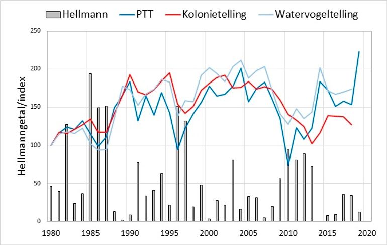 Aantalsverloop van de blauwe reiger in Nederland volgens de PTT-tellingen, maandelijkse watervogeltellingen en broedvogeltellingen. Tevens weergegeven is het Hellmanngetal, dat is gebaseerd op de temperatuur tussen 1 november en 31 maart. Hoe hoger het Hellmanngetal, hoe kouder de winter