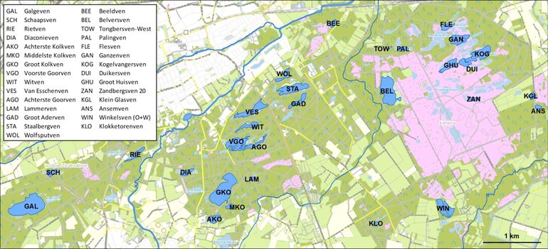 Onderzochte vennen in Midden-Brabant. Alleen het ven Venrode-Midden staat er niet op. Dit ligt ten noorden van Boxtel