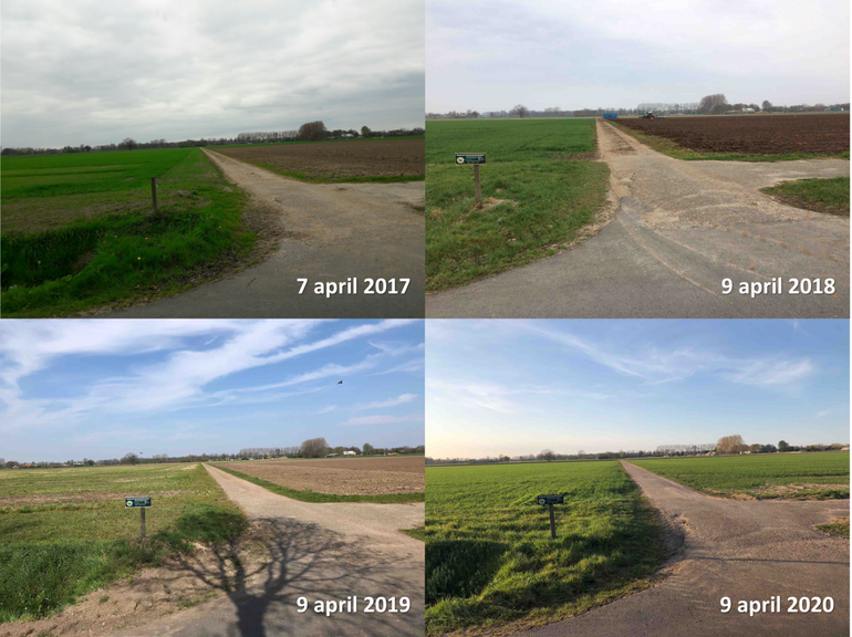 Akker in Wageningen rond 9 april 2017, 2018, 2019 en 2020
