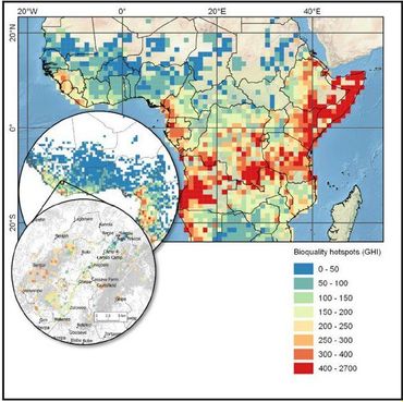 De Genetic Heat Index (GHI) van planten in Afrika. De blauwe gebieden hebben relatief weinig en de rode relatief veel zeldzame soorten