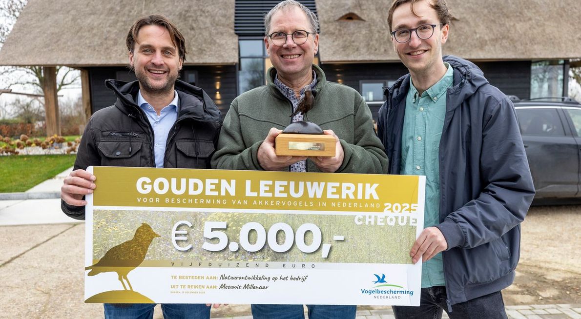 Meeuwis Millenaar , Michiel van den Bergh (l) en Stijn van 't Klooster (r) van Vogelbescherming/ Fred van Diem
