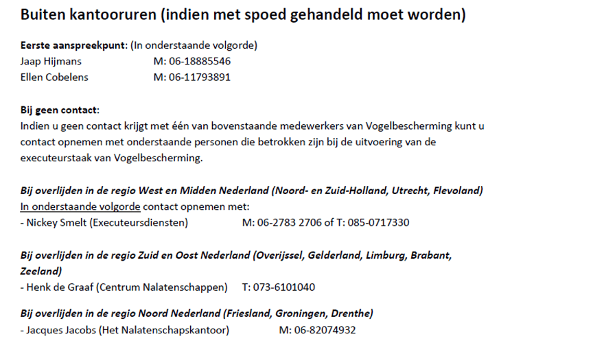 Bereikbaarheid executeur buiten kantooruren
