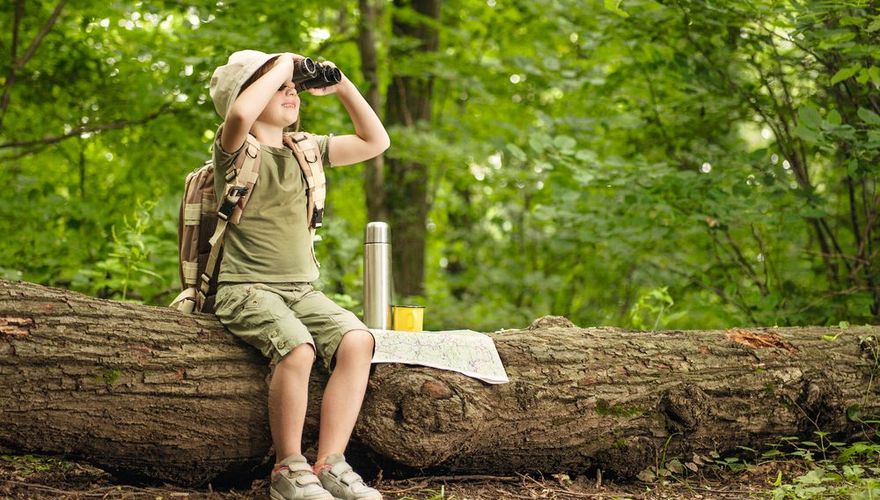 Kind met verrekijker in het bos / Shutterstock