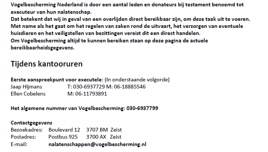 Bereikbaarheid executeur tijdens kantooruren