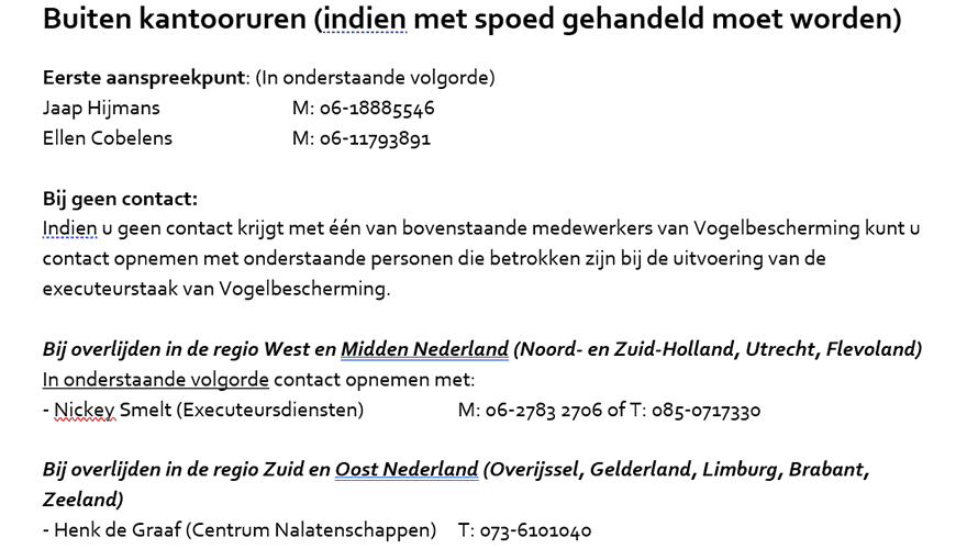 Bereikbaarheid executeur buiten kantooruren